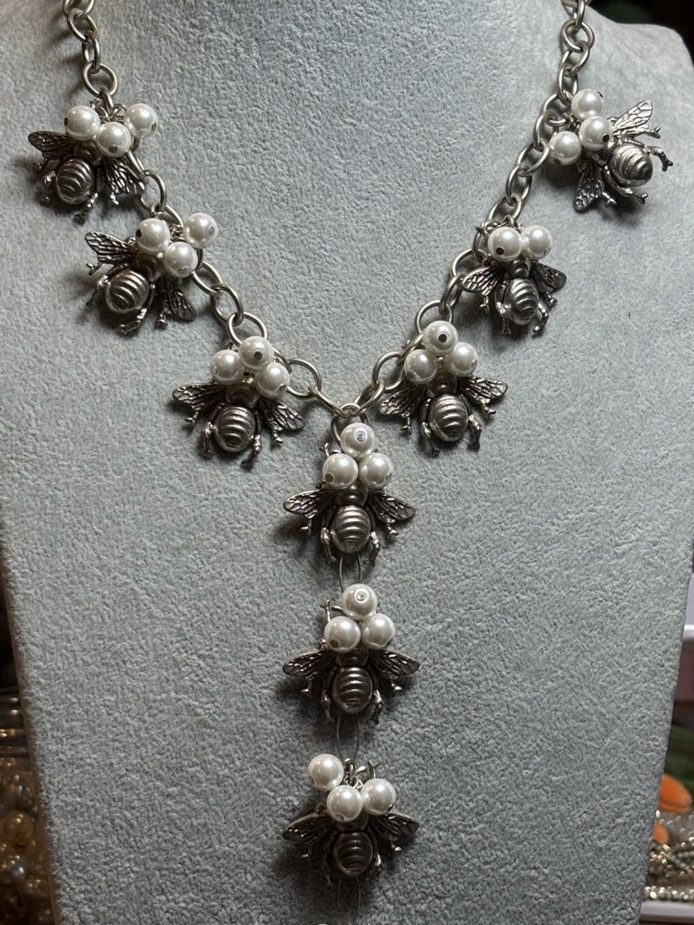 Yochi Silver Bee and Pearl Charm Necklace